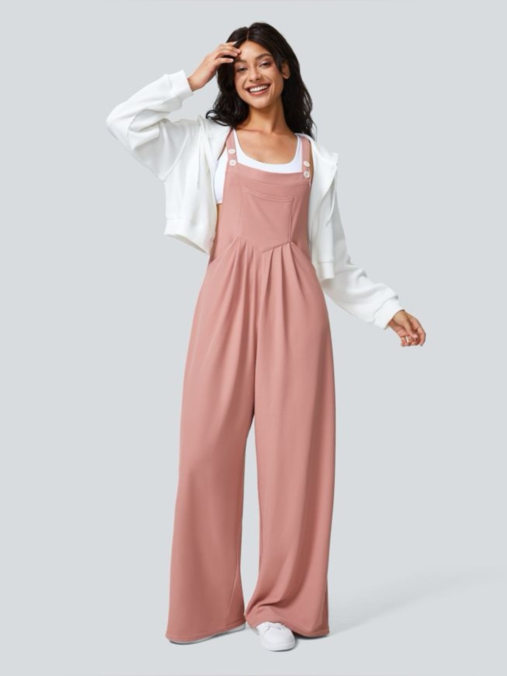HALARA Waffle Knit Overalls Rose Tan Baggy Casual Wide Leg Y-Back Jumpsuit Sz L
